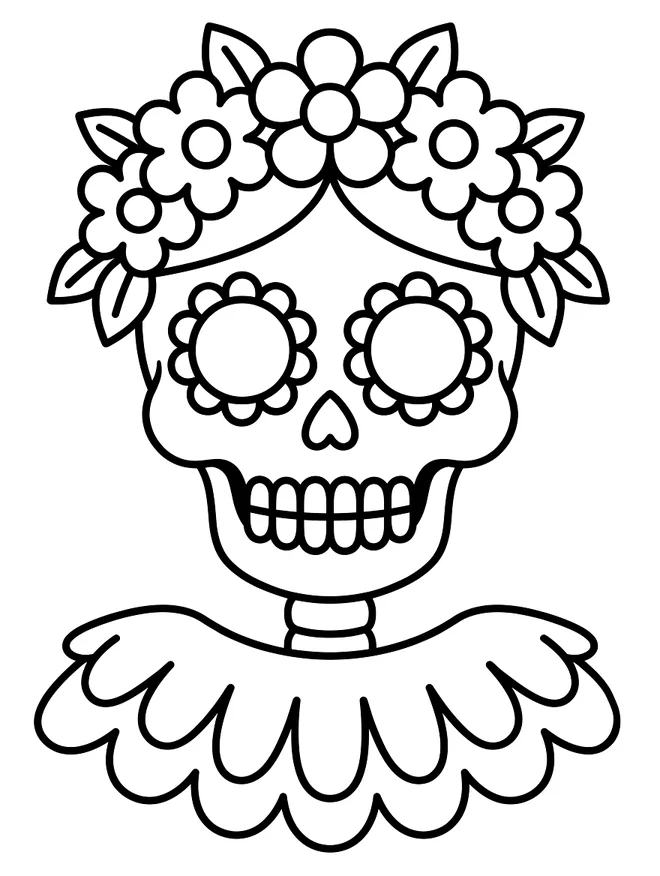 Ausmalbild Catrina: Sugar-Skull-Gesicht mit Blumenkranz auf dem Kopf und Rüschenkragen