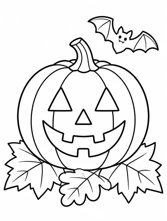 Ausmalbild Halloween-Kürbis mit Fledermaus und Herbstblättern