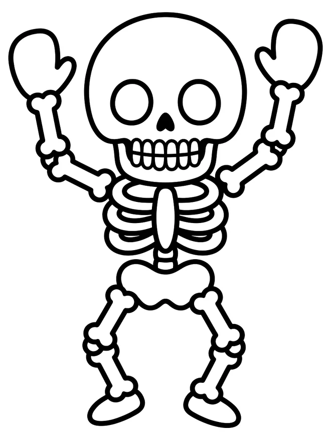 Ausmalbild tanzendes Skelett mit erhobenen Armen