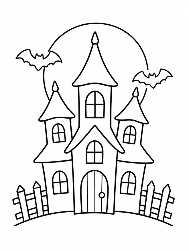 Ausmalbild Spukhaus mit Türmen, Mond und Fledermäusen