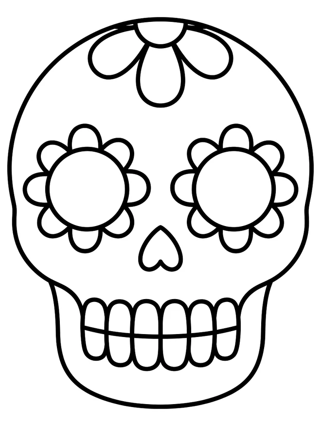 Ausmalbild symmetrischer Sugar Skull mit Blüten in den Augenhöhlen, Herz als Nase und Zahnreihe