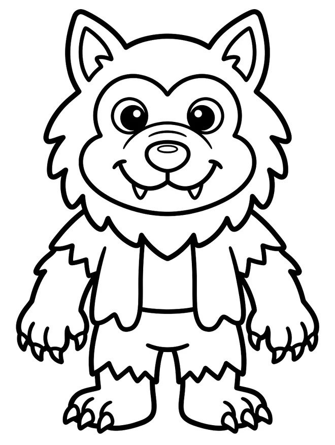 Ausmalbild Werwolf mit zottigem Fell, Fangzähnen, großen Pranken und zerrissenem Hemd