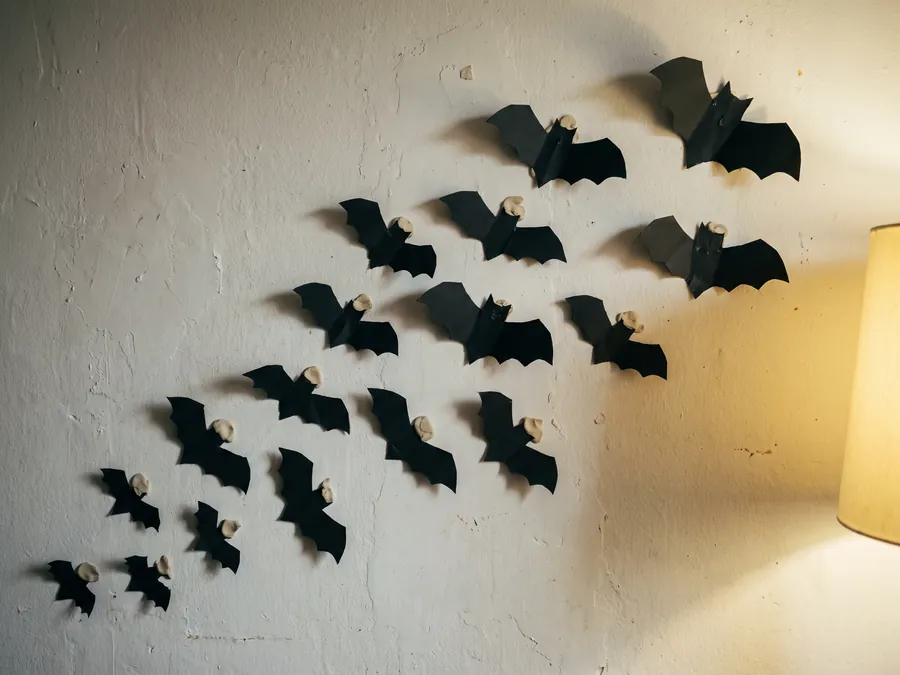 Fledermäuse aus schwarzem Tonkarton an einer hellen Wand, in aufsteigender Größe angeordnet, die Flügel nach vorn geknickt