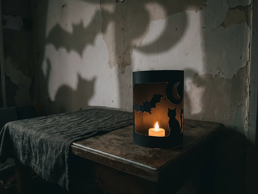 Röhre aus schwarzem Karton mit ausgeschnittenen Fledermäusen und Mond, ein LED-Teelicht darin wirft die Motive als große Schatten an die Wand