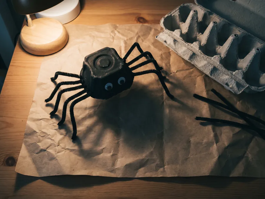 Spinne aus einer schwarz bemalten Eierkarton-Wölbung mit acht Pfeifenreinigern als Beinen und zwei Wackelaugen