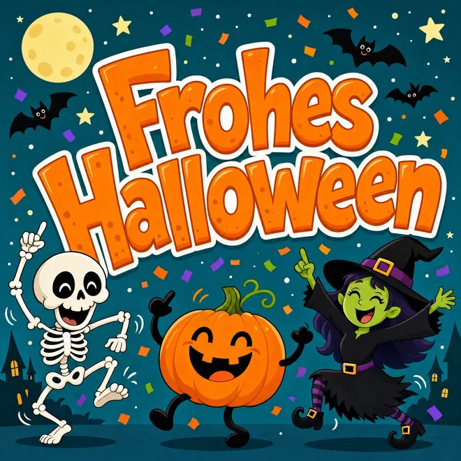 Buntes Halloween Grußbild mit der Aufschrift Frohes Halloween, tanzendem Skelett, Kürbis und grüner Hexe