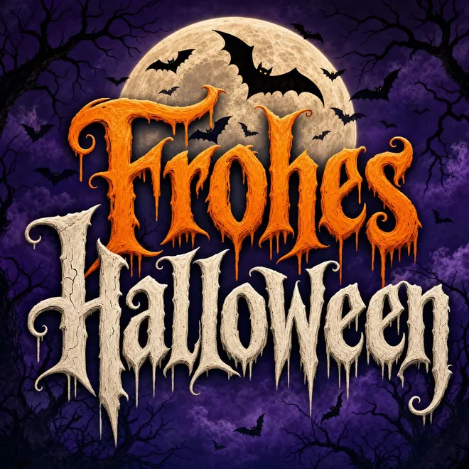 Halloween Grußbild mit der Aufschrift Frohes Halloween vor Vollmond und Fledermäusen