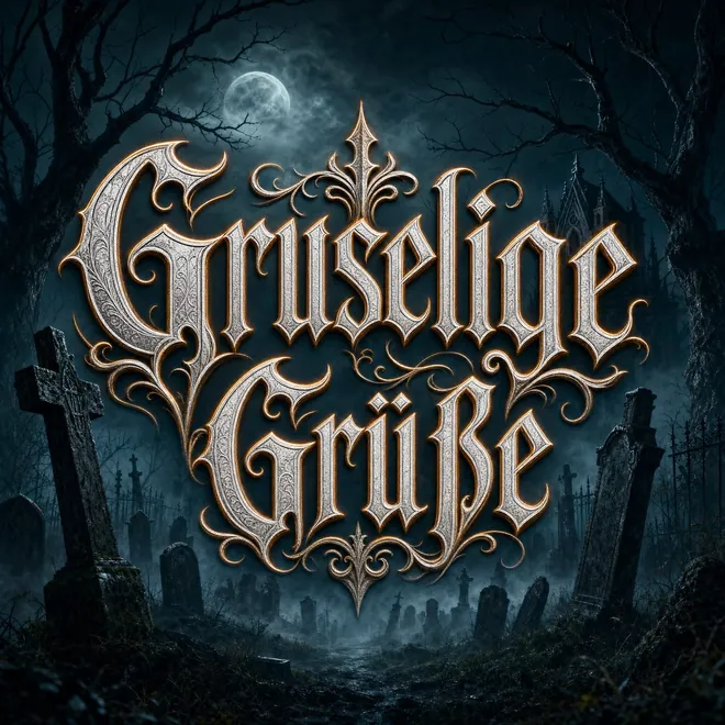 Halloween Grußbild in verschnörkelter Schrift mit der Aufschrift Gruselige Grüße über einem nebligen Friedhof