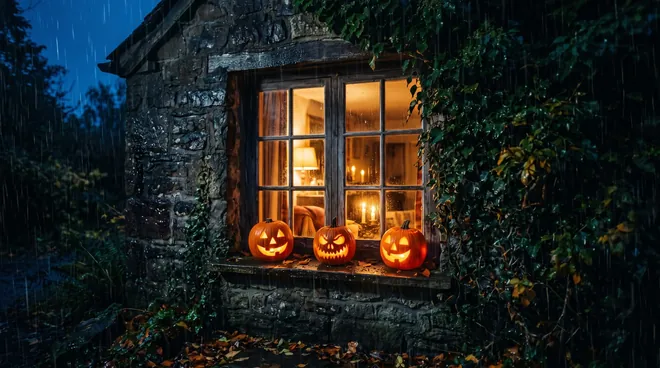 Halloween Bild im Querformat: drei leuchtende Kürbislaternen auf einer Fensterbank an einer efeubewachsenen Steinmauer im Regen