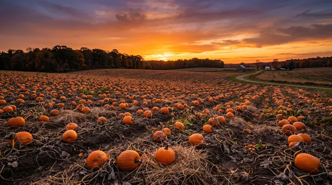 Halloween Bild im Querformat: Kürbisfeld bei Sonnenuntergang mit hunderten orangefarbenen Kürbissen