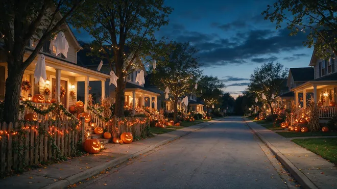 Halloween Bild im Querformat: für Halloween geschmückte Vorstadtstraße in der Dämmerung mit Kürbissen und Lichterketten