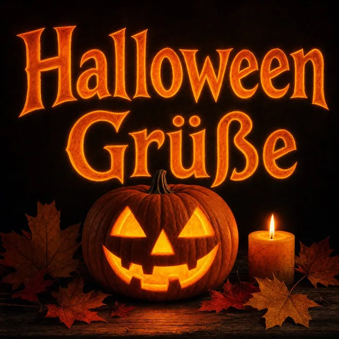Halloween Grußbild mit der Aufschrift Halloween Grüße in orangeroter Schrift über einer Kürbislaterne und einer Kerze