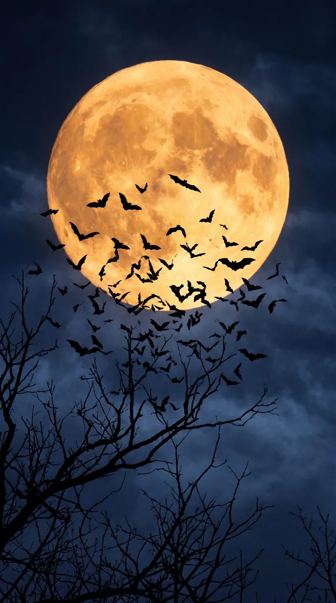 Halloween Hintergrund fürs Handy: Fledermausschwarm vor einem großen orangefarbenen Vollmond