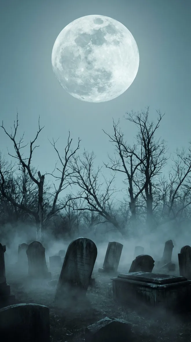 Halloween Hintergrund fürs Handy: nebliger Friedhof mit schiefen Grabsteinen unter einem hellen Vollmond