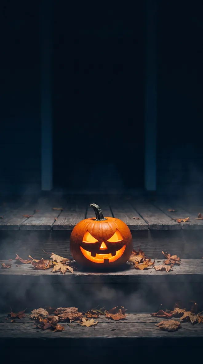 Halloween Hintergrund fürs Handy: leuchtende Kürbislaterne auf hölzernen Verandastufen mit Herbstlaub und Nebel