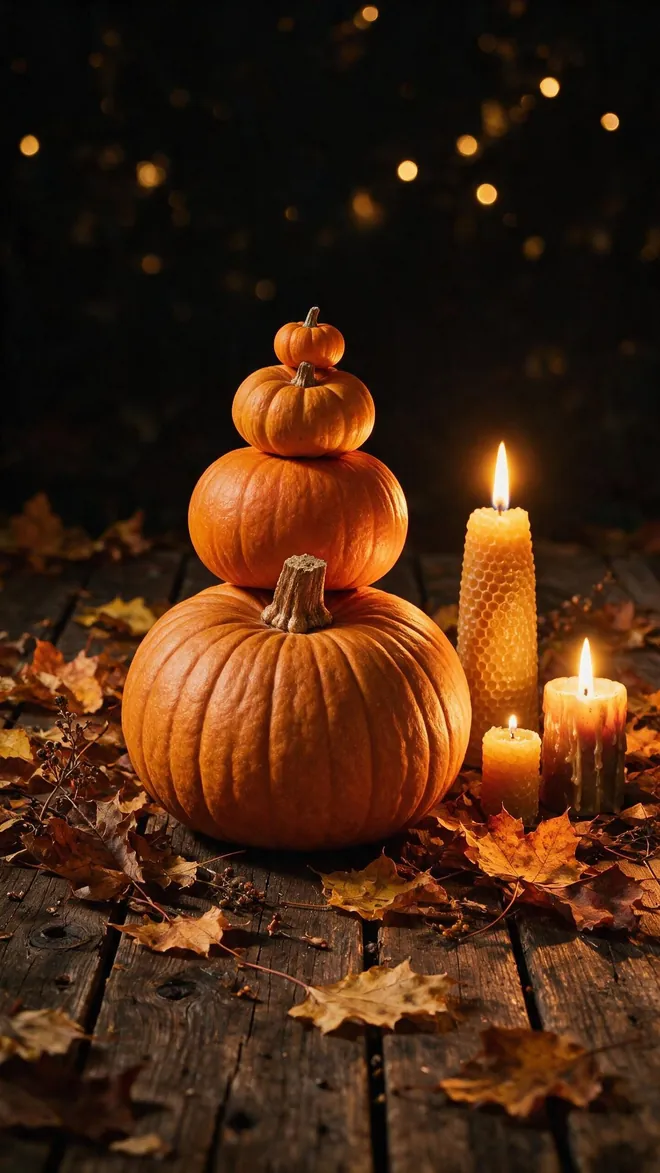 Halloween Hintergrund fürs Handy: gestapelte Kürbisse neben brennenden Kerzen und Herbstlaub auf Holzbrettern