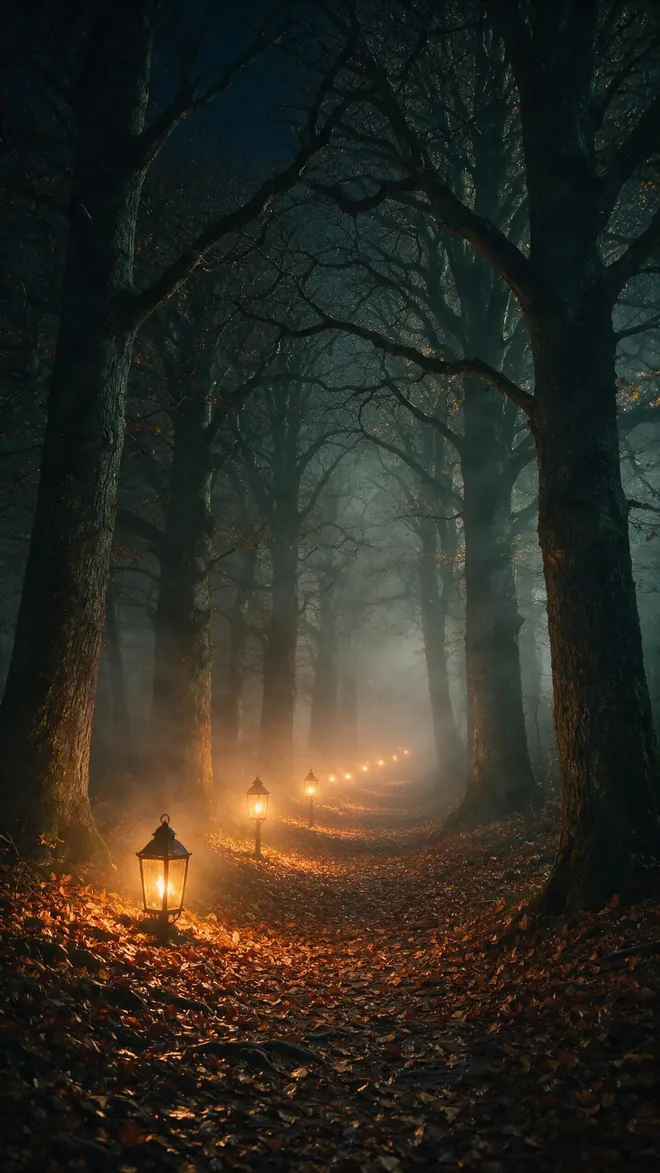 Halloween Hintergrund fürs Handy: Waldweg im Nebel, gesäumt von leuchtenden Laternen