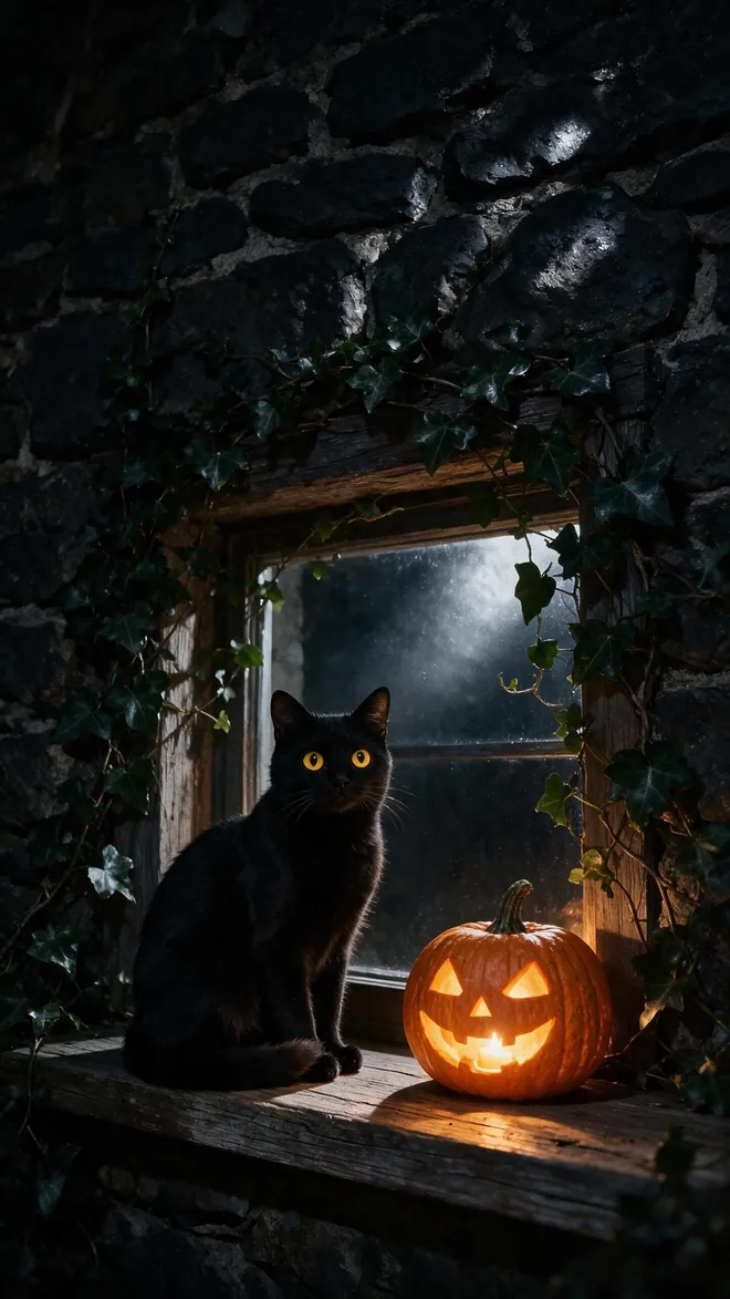 Halloween Hintergrund fürs Handy: schwarze Katze auf einer Fensterbank neben einer leuchtenden Kürbislaterne
