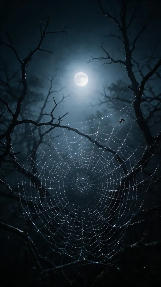 Halloween Hintergrund fürs Handy: taubedecktes Spinnennetz zwischen kahlen Ästen vor dem Vollmond