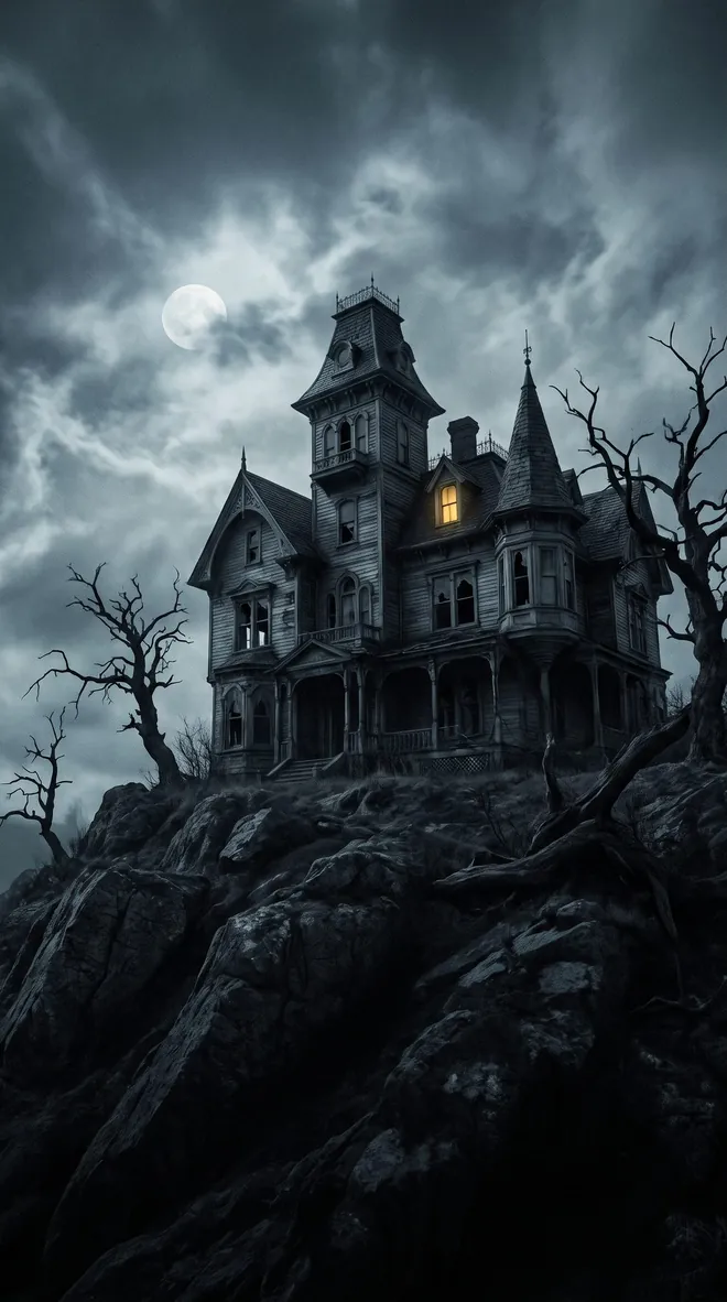 Halloween Hintergrund fürs Handy: verfallenes viktorianisches Spukhaus auf einem Felsen vor Wolkenhimmel