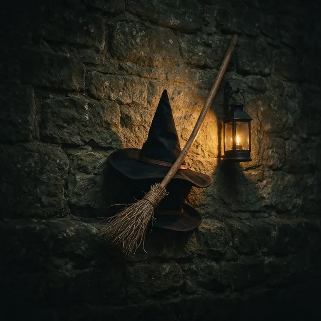 Halloween Profilbild: schwarzer Hexenhut und alter Besen an einer Steinmauer im Laternenlicht