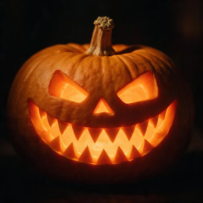 Halloween Profilbild: Nahaufnahme einer von innen orange leuchtenden Kürbislaterne vor schwarzem Hintergrund