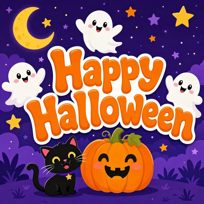 Kindgerechtes Halloween Grußbild mit der Aufschrift Happy Halloween, lachenden Gespenstern, schwarzer Katze und Kürbis