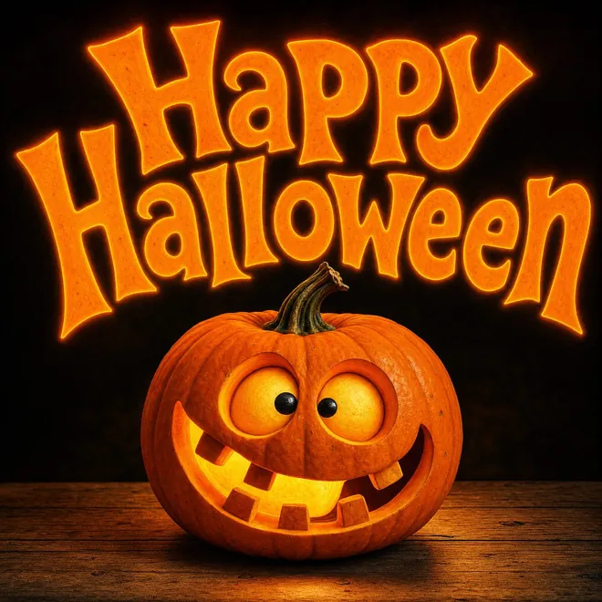 Halloween Grußbild mit der Aufschrift Happy Halloween über einem schielenden Kürbis mit Zahnlücke