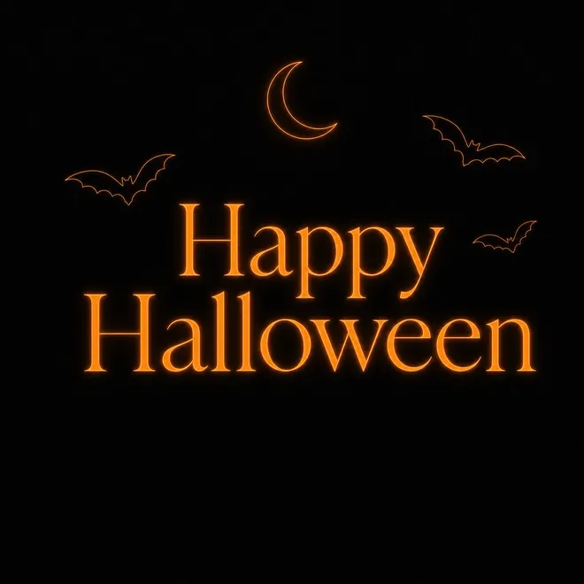 Schlichtes Halloween Grußbild mit der Aufschrift Happy Halloween in Orange auf Schwarz mit Mondsichel und Fledermäusen