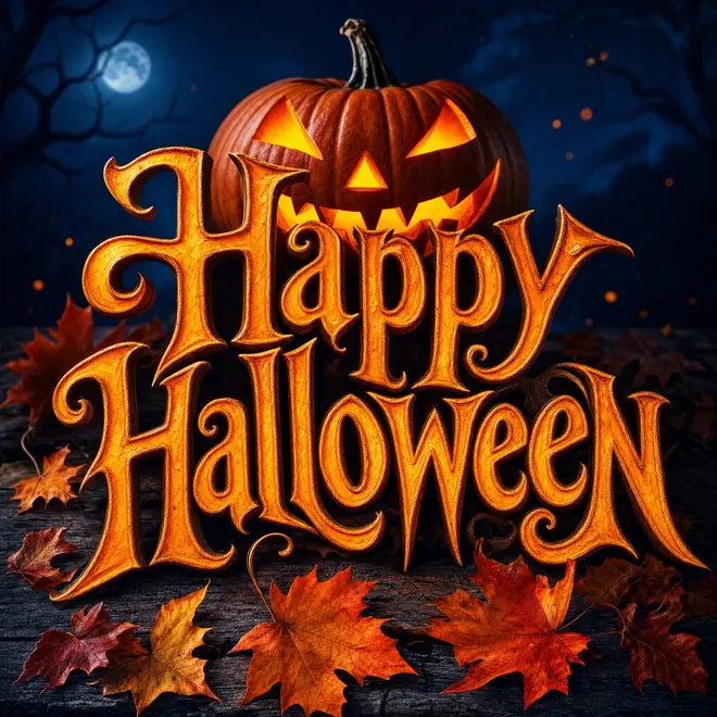 Halloween Grußbild mit der Aufschrift Happy Halloween über einer leuchtenden Kürbislaterne und Herbstlaub