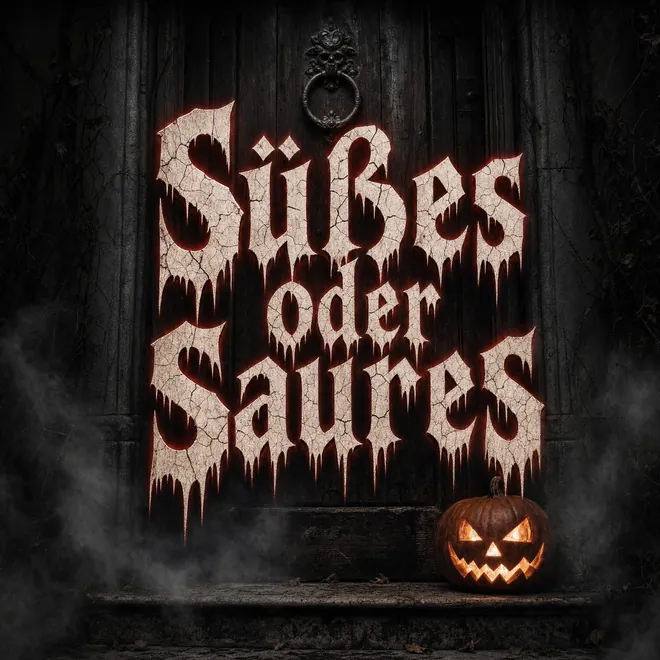 Dunkles Halloween Grußbild mit der Aufschrift Süßes oder Saures in rissiger Schrift vor einer Holztür im Nebel
