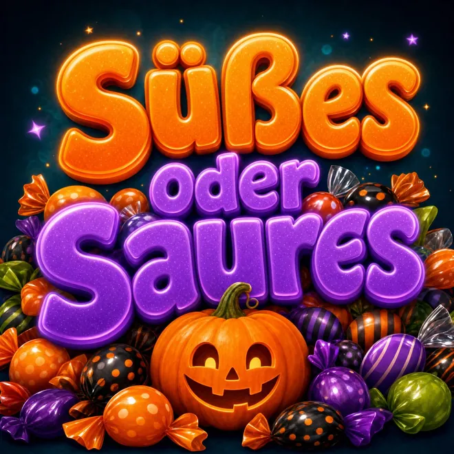 Buntes Halloween Grußbild mit der Aufschrift Süßes oder Saures über Süßigkeiten und einem lachenden Kürbis
