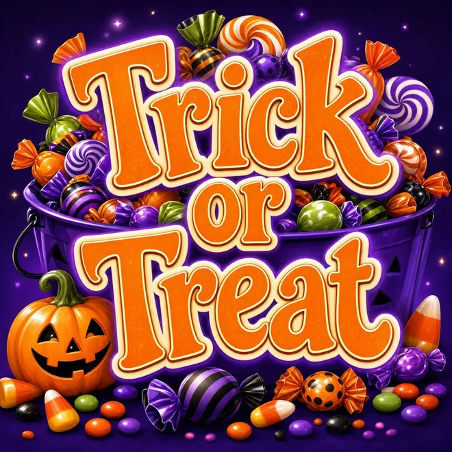 Halloween Grußbild mit der Aufschrift Trick or Treat über einem Eimer voller Süßigkeiten