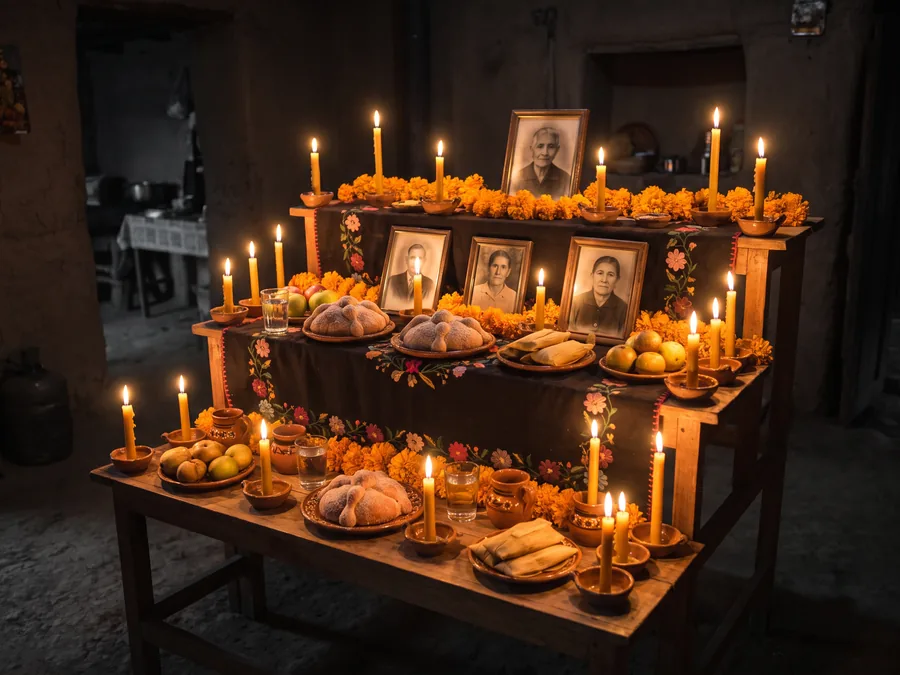 Dreistufige Ofrenda mit brennenden Kerzen, orangen Ringelblumen, gerahmten Porträtfotos, Obst, Tonschalen und einem Glas Wasser
