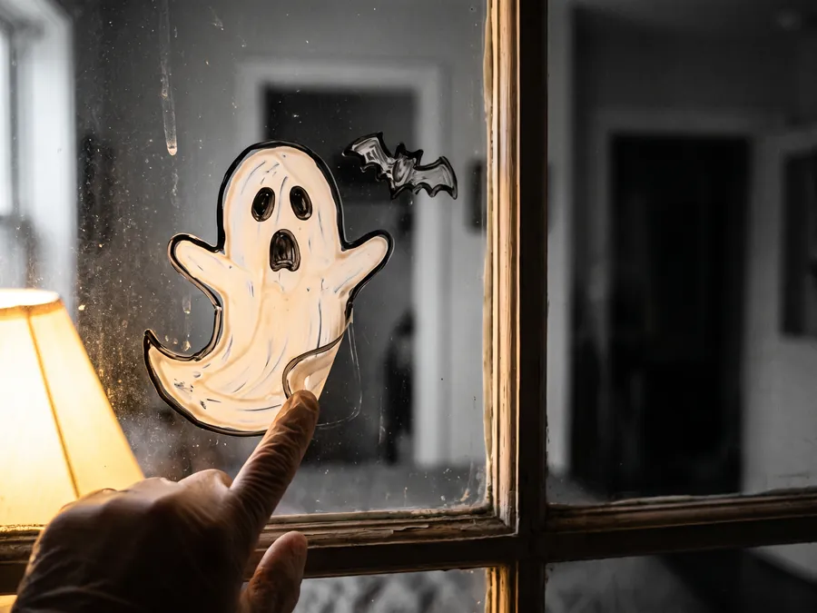 Gespenst und Fledermaus aus Fensterfarbe auf einer Scheibe, eine Ecke wird mit dem Finger als Film abgezogen