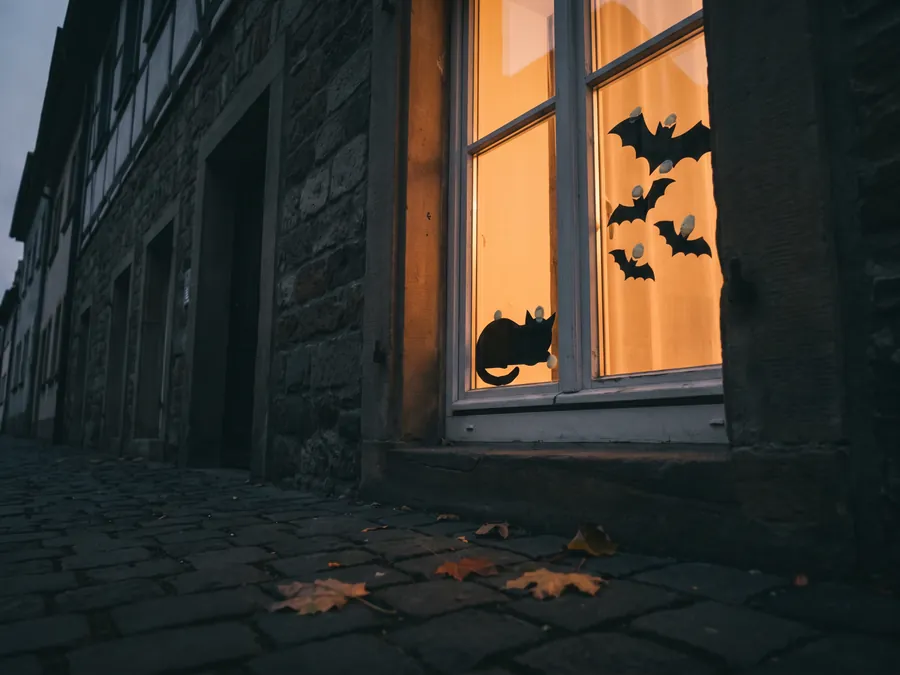 Schwarze Papiersilhouetten von Fledermäusen und einer Katze auf einer Fensterscheibe, von der Straße aus vor dem hell erleuchteten Zimmer