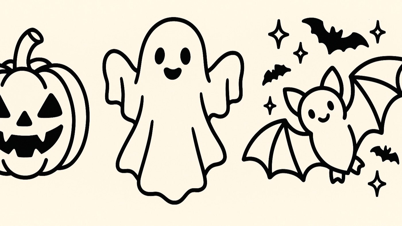 Bunte Halloween-Bastelmotive mit Kürbissen und Gespenstern
