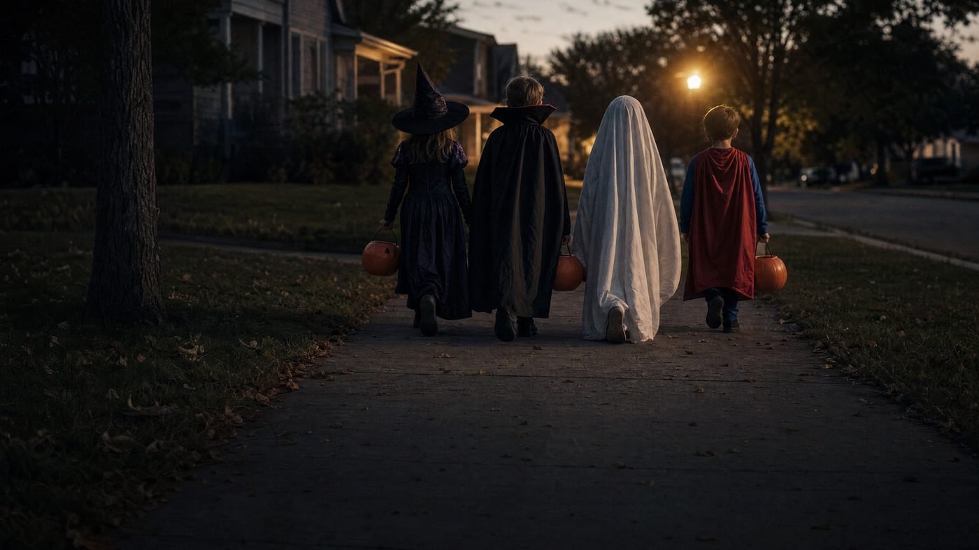 Vier Kinder in klassischen Halloween-Kostümen gehen in der Dämmerung eine amerikanische Vorstadtstraße entlang