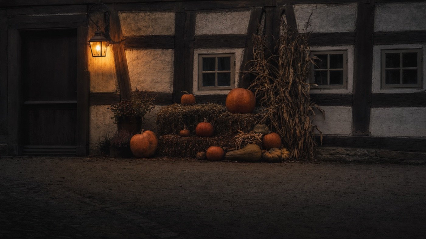Kürbisse, Strohballen und Maisstauden vor einer Fachwerkfassade, daneben eine brennende Laterne