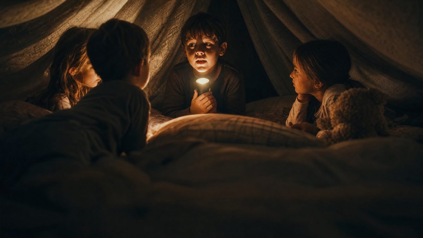 Kinder in einer Decken-Höhle, eines leuchtet sich beim Erzählen mit der Taschenlampe ins Gesicht