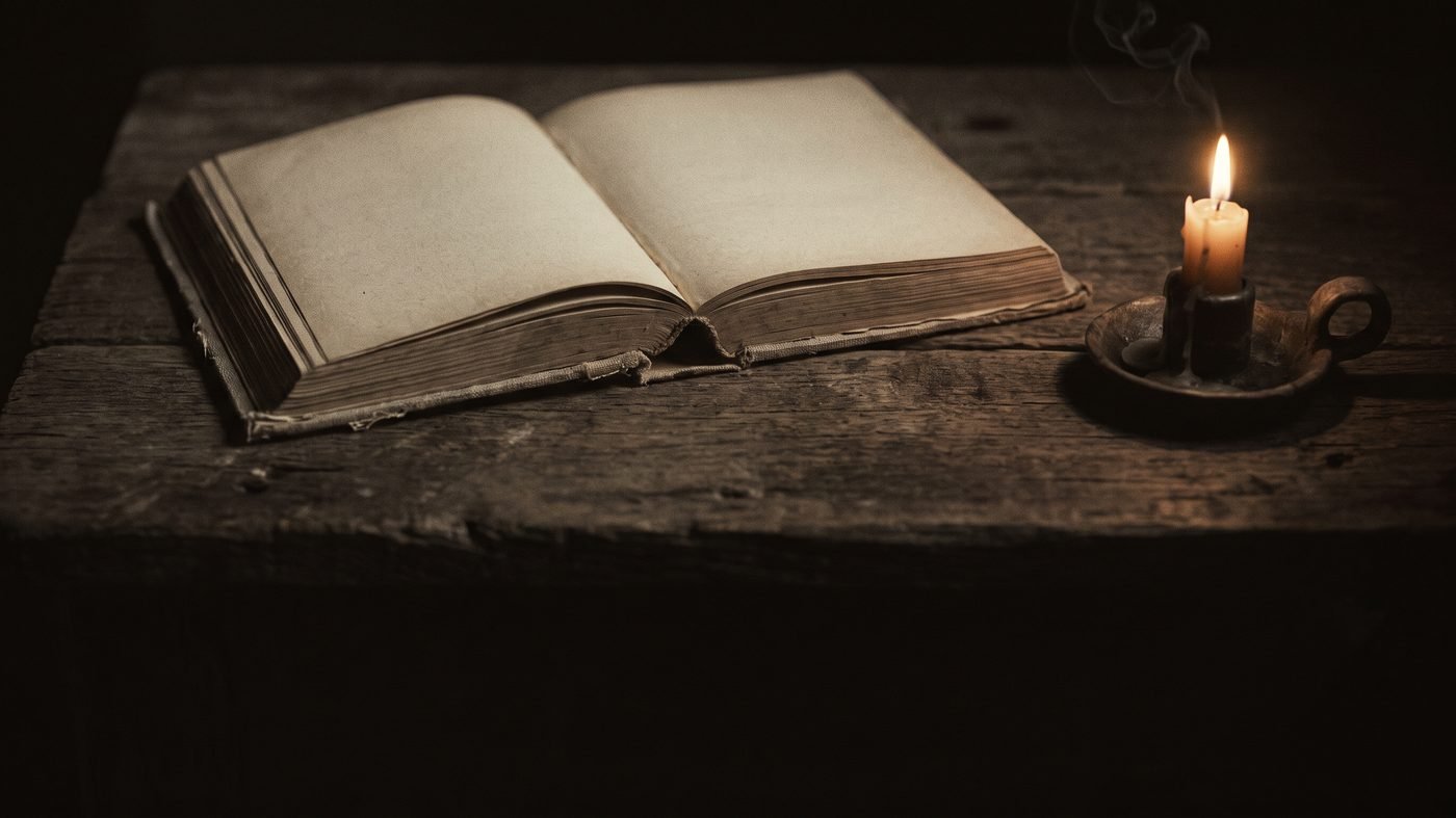 Aufgeschlagenes altes Buch zum Vorlesen von Gruselgeschichten, daneben eine brennende Kerze