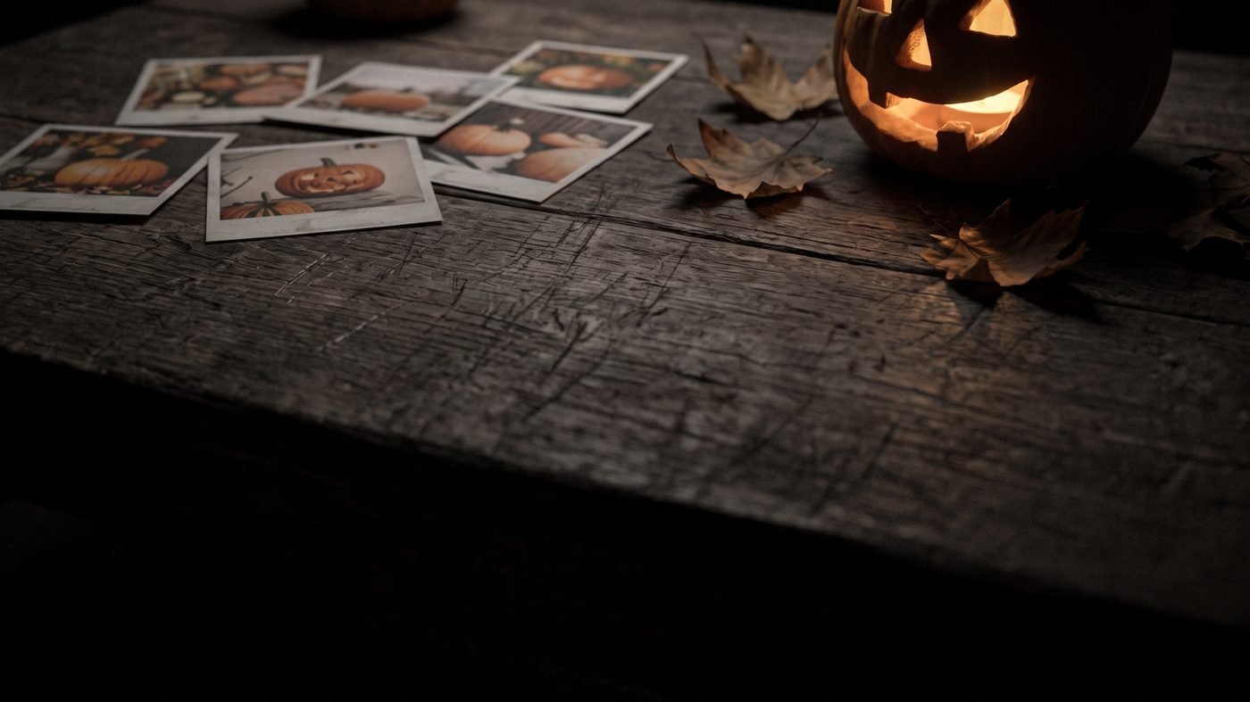 Kleine ausgedruckte Halloween-Fotos auf einem dunklen Holztisch, daneben eine leuchtende Kürbislaterne