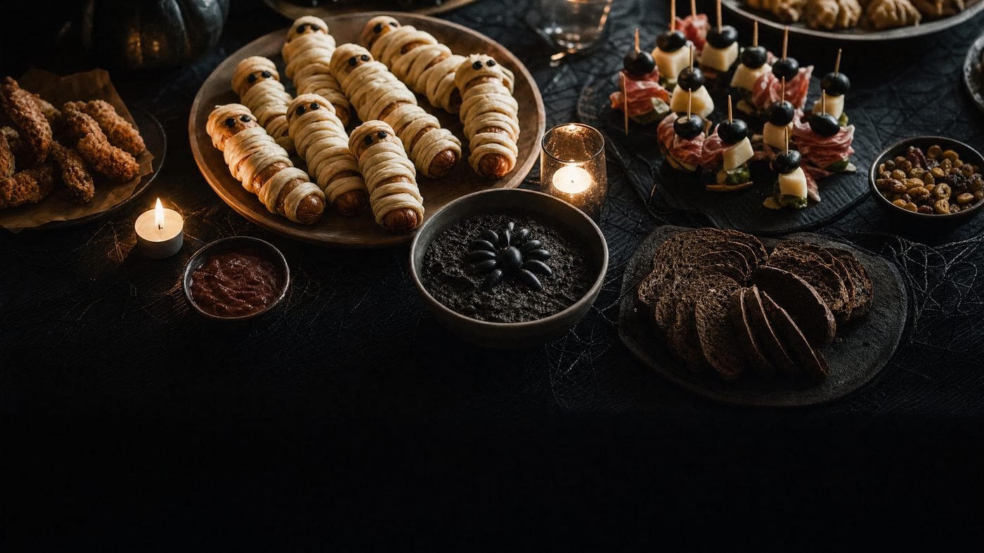 Halloween-Buffet von oben mit Mumien-Würstchen, dunklem Dip und Kerzen auf schwarzer Tischdecke