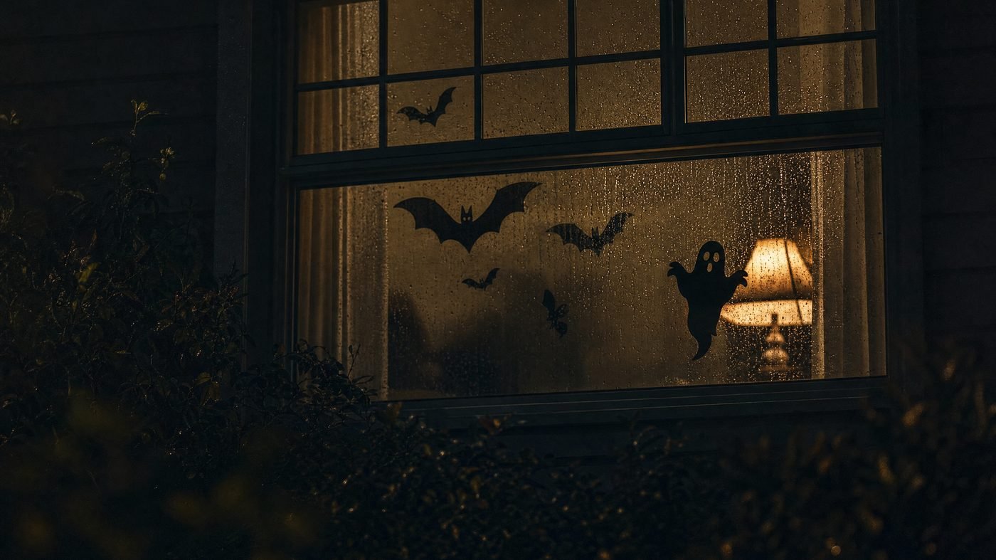 Erleuchtetes Fenster bei Nacht mit schwarzen Papiersilhouetten von Fledermäusen und Gespenst