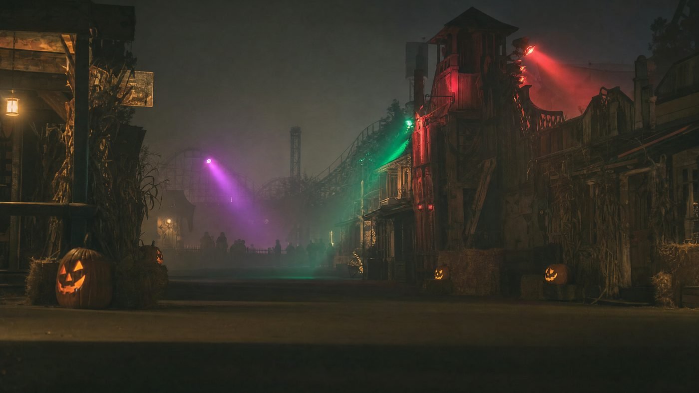 Nebelige Scare Zone eines Freizeitparks bei Nacht mit farbigen Lichtstrahlen und kostümierten Darstellern