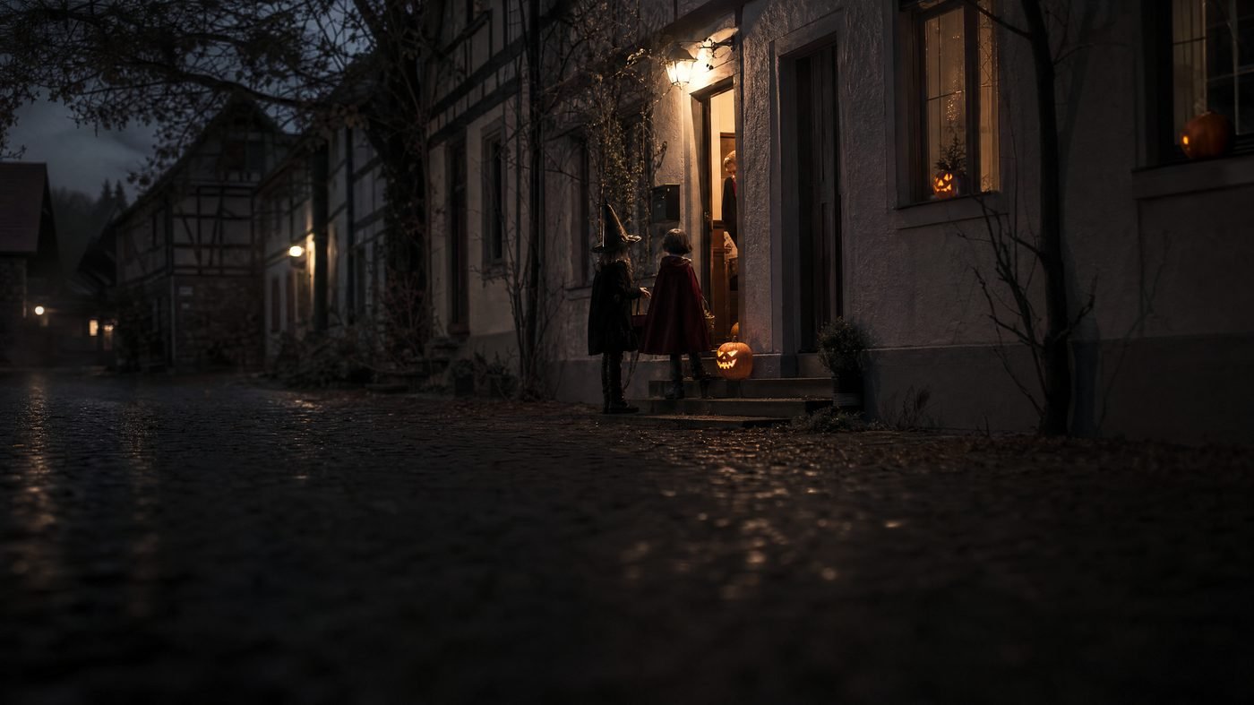 Deutsche Wohnstraße am Halloween-Abend mit Kürbissen auf den Fensterbänken und Kindern an der Haustür