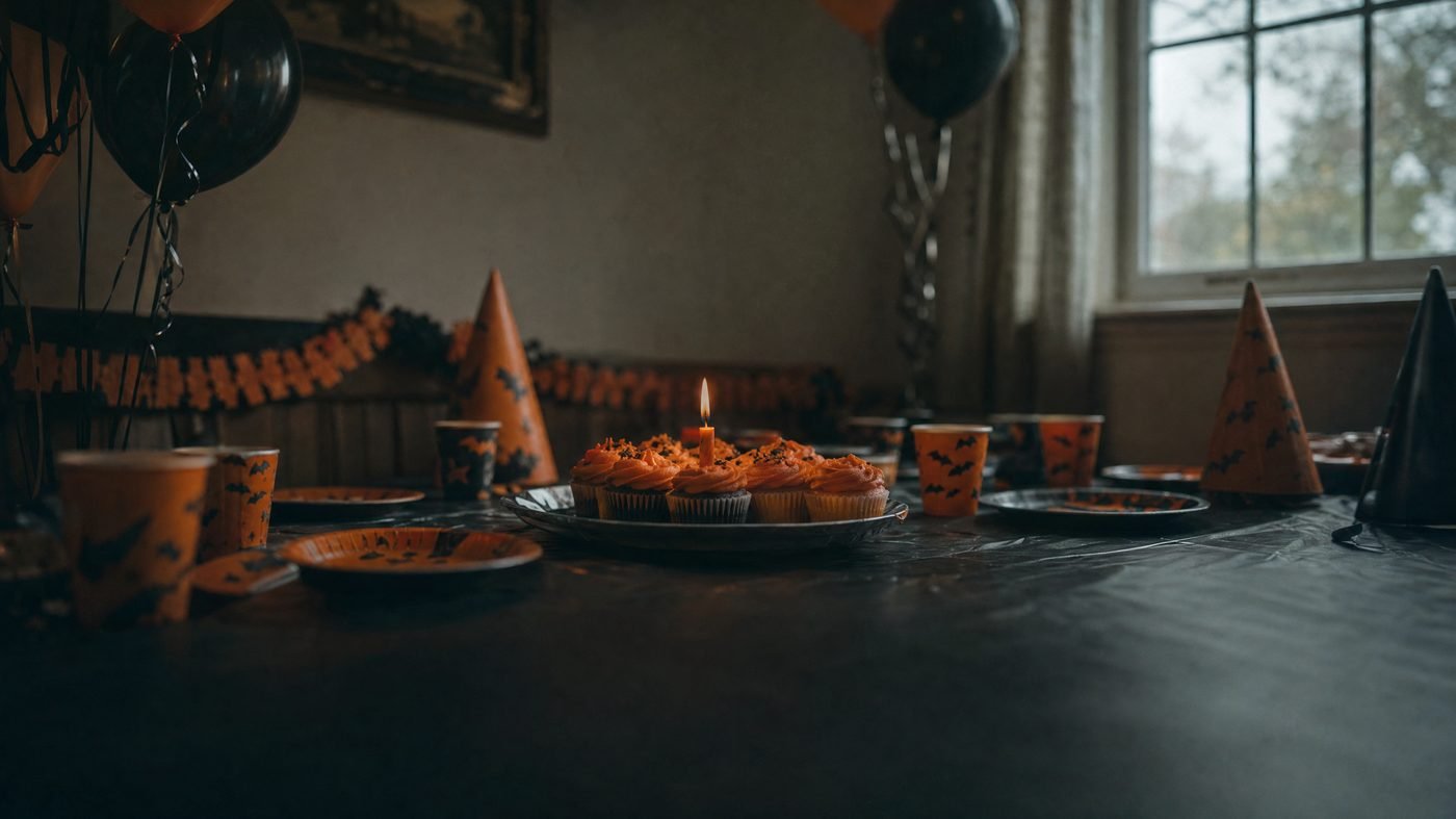 Gedeckter Geburtstagstisch mit orangefarbenen Muffins, Girlande und Luftballons für einen Halloween-Kindergeburtstag