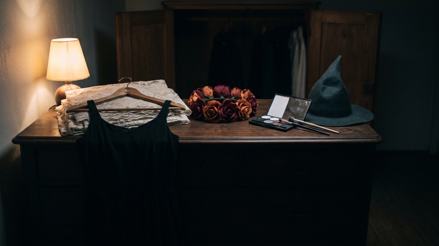 Dunkler Kleiderschrank mit schwarzem Kleid, Spitzenschleier, Blumenkranz und Schminkpalette auf einer Kommode