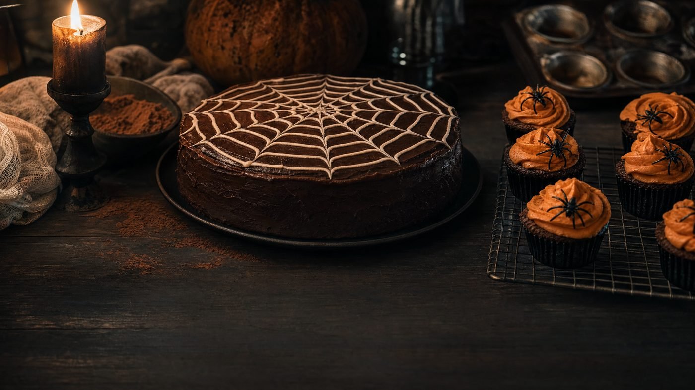 Schokoladenkuchen mit Spinnennetz aus Zuckerguss und Muffins mit orangefarbener Creme