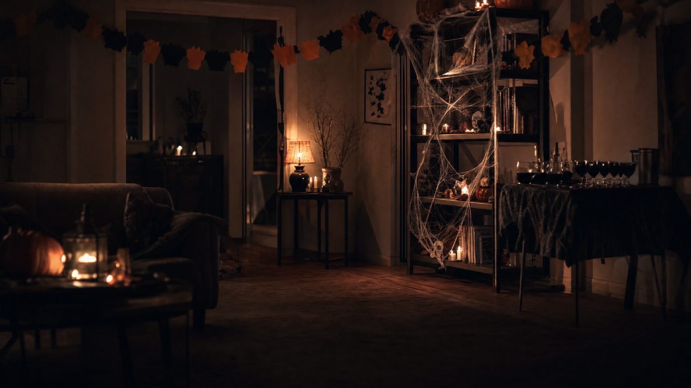 Für eine Halloween-Party dekoriertes Wohnzimmer bei Nacht mit Spinnweben, Kerzen und Getränketisch